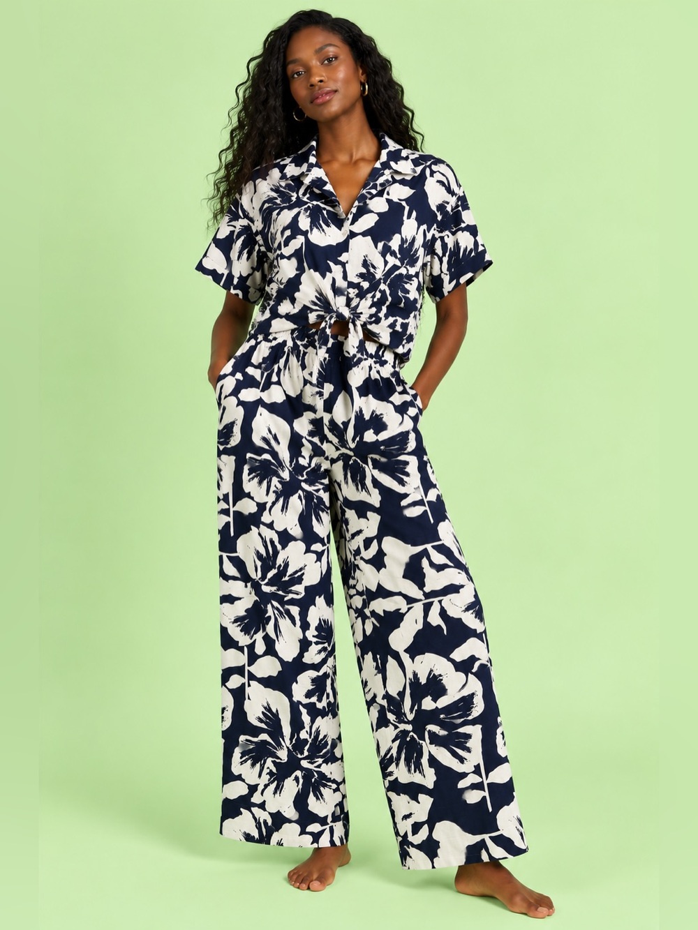 Calypso St. Barth Linen Blend Short Sleeve Top and Wide Leg Pants Set